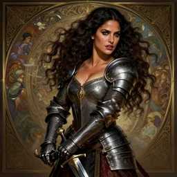 Salma Hayek  as a templar knight , passionate , seductive, sweaty,  intricate dressed in armor holding a sword, insane, intricate, highly detailed, digital painting, artstation, concept art, smooth, sharp focus, illustration, Unreal Engine 5, 8K, art by artgerm and greg rutkowski and alphonse mucha