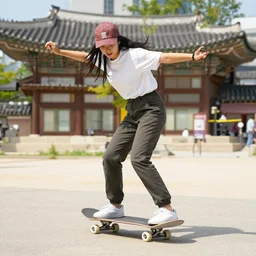 a korean woman skateboarding in seoul