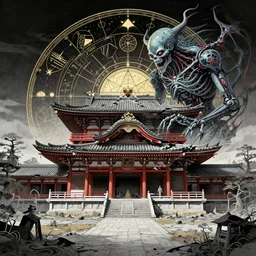 a dreamland of chinese ukiyo - e + geometry and astrology, a decaying japanese temple, stunning atmosphere, nanotech demonic monster horror, illustrated by boris vallejo, game, movie concept art, full color manga cover, symmetrical, simple color palett by mucha, zdzislaw, tyler jacobson, noah bradley, james paick