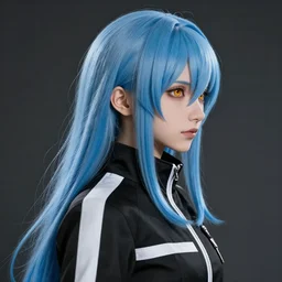 profile shot of rimuru tempest, sky blue hair, straight hair, pretty, long bangs, amber eyes, all black jacket with white stripes, high collar, highly detailed, unreal engine 5, digital painting, concept art, cinematic, wlop | artgerm, pixiv, yoshitaka amano, greg rutkowski, ilya kuvshinov, andy warhol