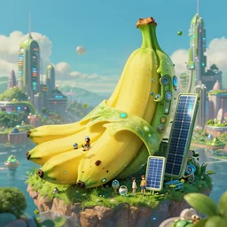 studio ghibli, banana, island, futuristic, city, giant banana, banana technology, solar, green technology, optimist future by asher durand. intricate artwork by tooth wu and wlop and beeple and dan mumford and greg rutkowski and nekroxiii. halo. octane render, cinematic, hyper realism, octane render, 8 k, depth of field, bokeh. iridescent accents. vibrant