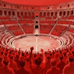 only with red, red crowd of people cheering, a sold red picture, in a roman theater, in the style of yue minjun, parts by beksinski, parts by goro fujita, parts by edward hopper, intricate composition by beeple, red by caravaggio, highly quality, highly detailed, masterpiece, red light, artstation, 4 k