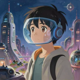 painting of near future technological world, magical realism, screenshot from the Kyoto Animation anime about the boy who wears nervegear, augmented reality, real life blended with virtual reality