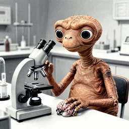 a still photo from e. t. the extraterrestrial ( 1 9 8 2 ), e. t. is sitting at a table in a laboratory with a microscope, he is holding a little animal brain, black and white ink pen illustration, highly detailed, hyper realistic