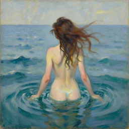 a girl in the middle of the waves, backwards, beautiful hair, oil painting, rembrandt, henri matisse, sorolla, award winning painting, diffuse outline