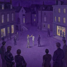 gluttony in a violet town square by shaun tan, dark canvas, in the style of edward hopper rodcenko yue minjun caravaggio, intricate details, artstation