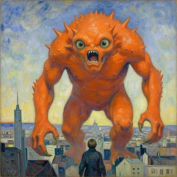 monumental hyperrealism, post - impressionism by gaston bussiere. a beautiful drawing of a large, orange monster looming over a cityscape. the monster has several eyes & mouths, & its body is covered in spikes. it seems to be coming towards the viewer, who is looking up at it in fear.