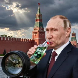 putin drinking radioactive in front of kremlin wide angle lens