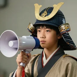 medium close up shot of an asian school boy holding a megaphone in his hand, wearing a samurai headgear cosplay, film studio background, softlight, photorealistic, art by artgerm and greg rutkowski