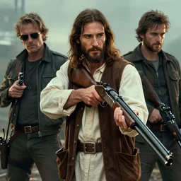 jesus with a shotgun, cinematic lighting, highly detailed, concept art, art by wlop and artgerm and greg rutkowski, masterpiece, trending on artstation,