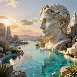 Alena Aenami, scifi landscape, hyperrealistic surrealism, award winning masterpiece with incredible details, epic stunning, infinity pool, a surreal vaporwave liminal space, highly detailed, trending on ArtStation, artgerm and greg rutkowski and alphonse mucha, daily deviation, IAMAG, broken giant marble head statue ruins, golden hour