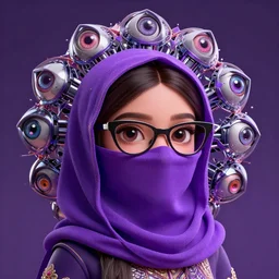 a beautiful fractal mandelbulb young cute hyderabadi woman with cateye glasses and purple niqab with multiple eyes by alex gray, android jones, karol bak, ayami kojima, artgerm, concept art, sharp angles, robot, 3 d, octane render, 8 k, unreal engine