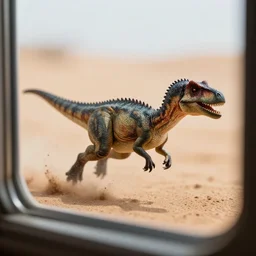 view from a window, action photography, long shot, award winning macro photo of a tiny ultra detailed dinosaur running fast in desert sand, dirt and dust, fast shutter speed, motion blur, tiny gaussian blur, highly detailed, highly intricate, depth of field, national geographic