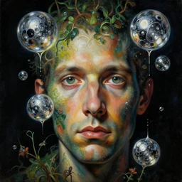 a dark close - up portrait painting of a scientists face with floating orbs covered in liquid chrome mercury. botanic, futuristic atmosphere, black background. highly detailed science - fiction painting by norman rockwell, moebius, frank frazetta, and syd mead. rich colors, high contrast. artstation