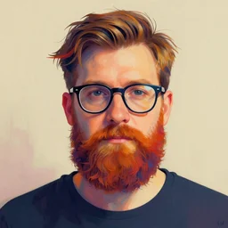 James Jean artwork, bearded man with glasses, colourful
