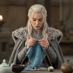 photo of khaleesi knitting peacefully, 70 mm lens,