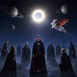a marvelous fantastic fleet of vampire in the midnight sky in a solar eclipse, with Saturn and Jupiter in the backround while rabbit with dragon wing fly with anticipation by Stanley Artgerm Lau, WLOP, Rossdraws, ArtStation, CGSociety, concept art, cgsociety, octane render, trending on artstation, artstationHD, artstationHQ, unreal engine, 4k, 8k,