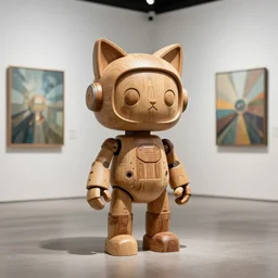 8k octan photo ,a wooden sculpture art toys on feet ,very cute robot zen with cat ears ,cyberpunk ,sci-fi ,a contemporary art gallery