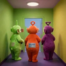 colorful teletubbies in the backrooms, low key, liminal space, old camcorder