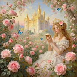 highly detailed venetian rococo painting of a lush garden filled with pastel pink roses, a golden castle on the horizon, blue butterflies, pastel flowery background, volumetric lighting, flowers, fantasy, realistic, digital illustration, art by krenz cushart, alphonse mucha, kehinde wiley, artem demura