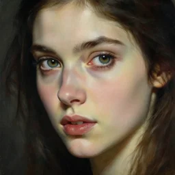 high quality high detail portrait of a young gorgeous female warlock looking away from the camera, detailed eyes, eyes do not reflect, no hands visiblefantasy, d & d, painting by lucian freud and mark brooks, hd