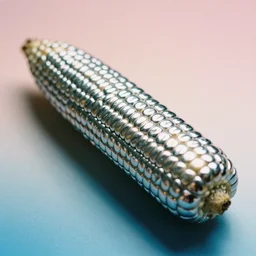 a metal reflective chrome corn on the cob, film photo, soft lighting album cover, nostalgia, gradient, light reflection