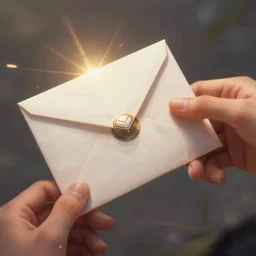 Closeup shot of futuristic envelope being handed from one person to another, magic the gathering, digital painting, card illustration