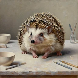 painting of a hyperrealistic hedgehog on a table in a ceramic workshop, surrounded by ceramicists tools and unfinished bowls, oil painting, northern renaissance art, oil on canvas, wet - on - wet technique, realistic, expressive emotions, intricate textures, illusionistic detail