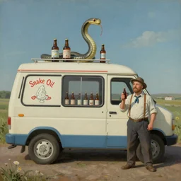 an ice cream van that sells snake oil instead of ice cream, rowdy salesman hawking little brown bottles, medicine, snake van, painting by René Magritte, Grant Wood, 3D rendering by Beeple