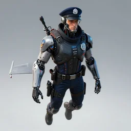 portrait of a flying jet pack police officer from the year 2 0 5 0, futuristic, cyberpunk, cybernetic enhancements, concept art, trending on artstation, greg rutkowski