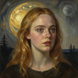 Elle Fanning in the painted world of Bruce Pennington, head and shoulders masterpiece, apocalypse, golden hour, cosmic horror, artstation, in the style of Andrew Wyeth and Edward Hopper and Bosch, extremely detailed