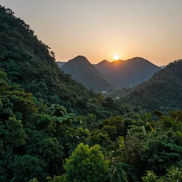 The sun setting on the verdant forest of the titanic realm