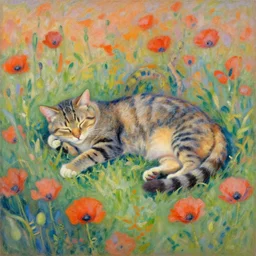 snake - shaped tabby cat sleeping in poppy field, monet painting, soft colours, impressionism