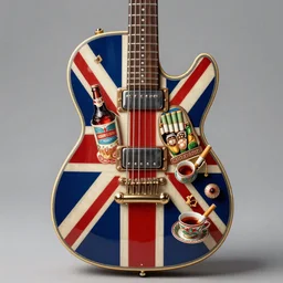 A British custom guitar!!, Union Jack!, cup holder, beer bottle, cigarettes, tea, intricate, elegant, super highly detailed, professional digital painting, artstation, concept art, smooth, sharp focus, no blur, no dof, extreme illustration, Unreal Engine 5, 8K, art by artgerm and greg rutkowski and alphonse mucha and loish and WLOP, k photorealistic, cinematic lighting, HD, high details, very coherent symmetrical artwork. cinematic, hyper realism, high detail, vibrant colors, smooth gradients