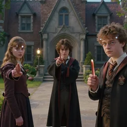 sharp, highly detailed, from a 2 0 1 9 sci fi 8 k movie, set in 1 8 5 0 in an alternate universe, mid distant shot of three students practicing magic, outside the school of magic, good special effects, wearing 1 8 5 0 s clothes, atmospheric lighting, in focus, reflective eyes, 3 5 mm macro lens, live action, nice composition