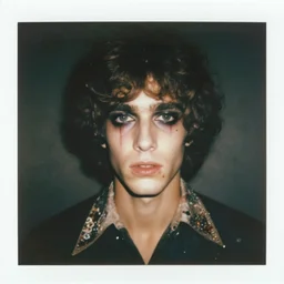 an instant photo of a beautiful but sinister young man in layers of fear, with haunted eyes and curly hair, 1 9 7 0 s, seventies, delicate embellishments, a little blood, crimson, painterly, offset printing technique, mary jane ansell