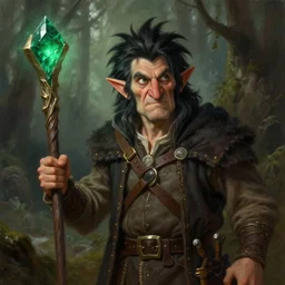portrait of an old halflingwith black spike hair, holding a quarterstaff with an emerald, in a forest, strong, lively, fantasy, highly detailed, digital painting, artstation, concept art, character art, art by greg rutkowski and tyler jacobson and alphonse mucha