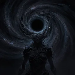 a dark astral being in space with a swirling massive black hole as its head, portrait, space art, cosmic horror, surrealism, detailed, digital art, fantasy illustration, trending on artstation