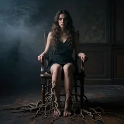 a portrait of a woman sitting in a wooden chair facing the camera. she has gnarled tree roots growing from her legs into the floor. dark room, cinematic, smoke, dark, moody, smokey dramatic lighting