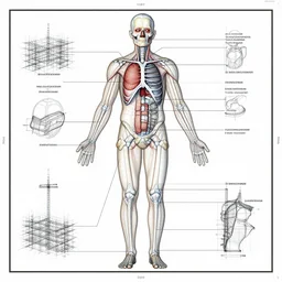a detailed and labled diagram of the human body in the style of a construction blueprint, 8 k image, digital art