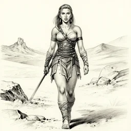 scarlett johansson as a barbarian in afro samurai manga style, pencil and ink, walking the wastelands