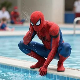 spider - man peeing in the public pool, 4 k realistic photo