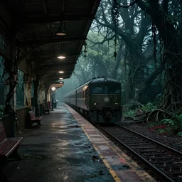 A train station platform in the Upside Down from Stranger Things, spooky, vines everywhere, horror movie atmosphere, film still from Stranger Things