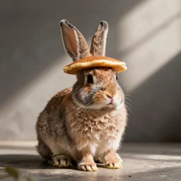 A rabbit with a pancake on its head
