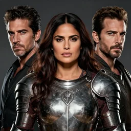 portrait, Salma Hayek , barbarian , dressed in steel armor, face portrait, raphael lacoste, eddie mendoza, alex ross, concept art, matte painting, highly detailed, rule of thirds, dynamic lighting, cinematic, detailed, denoised, centred