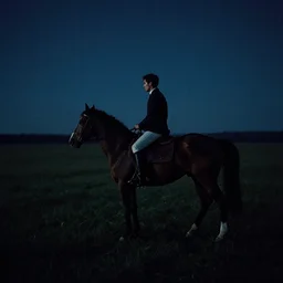 A photo of a man riding on a horse into the night by Roger Dean, 40 mm, cinematic, digital art, landscape, ISO 100