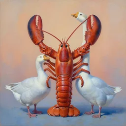 painting of cross between lobster body & goose head, intercrossed animal, by corine perier, by ellen jewett, anatomy by ronald ong, anatomy by arne olav gurvin fredriksen, cold hue's, warm tone gradient background, beautiful composition, digital painting