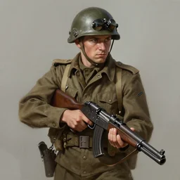 WW2 Soldier holding a gun, digital painting by Karl Kopinski, artstation, character concept art, hyper-realism, artstation