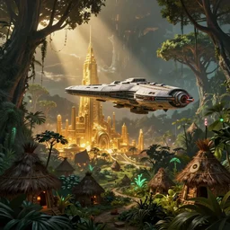 an intricate concept art of a spaceship landing on a golden city in the middle of a jungle, tribe huts in the jungle, large alien trees and wild glowing plants, sci - fi art, star wars inspired, cinematic lighting, artstation, art by tony sart,