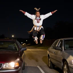 a Native American strong man with forma white shirt and black pants jumps over cars in a road at night